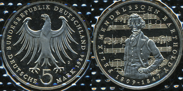 Германия (ФРГ). 5 марок. 1984 J (Proof)