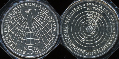 Германия (ФРГ). 5 марок. 1973 J (Proof) Серебро