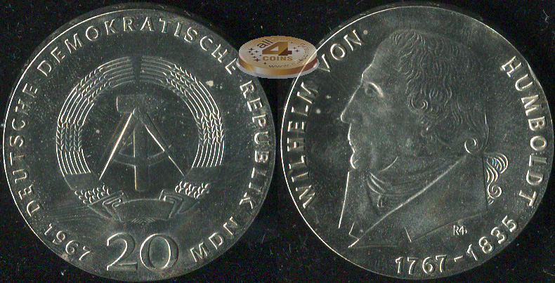 Германия (ГДР). 20 марок. 1967.A (Unc. Серебро)