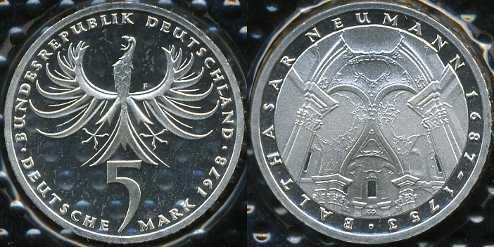 Германия (ФРГ). 5 марок. 1978 F (Proof) Серебро