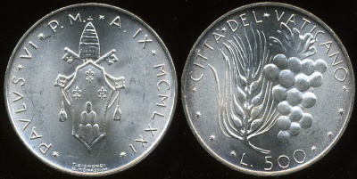 Ватикан. 500 лир. 1971 (Unc. Серебро)