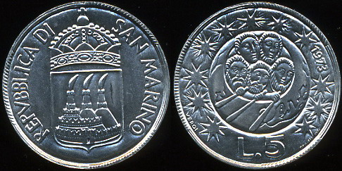 Сан-Марино. 5 лир. 1973 (Unc)
