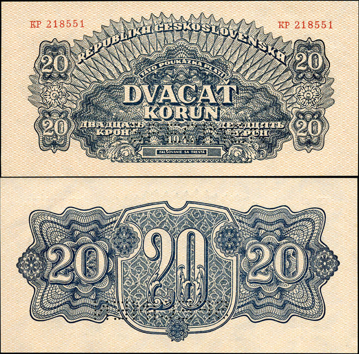 Чехословакия. 20 крон (speciment, Unc) 1944