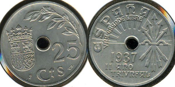 Испания (республика). 25 центимов. 1937 (Unc)