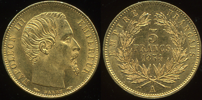 Франция. 5 франков. 1854 (A) (aUnc.Золото)