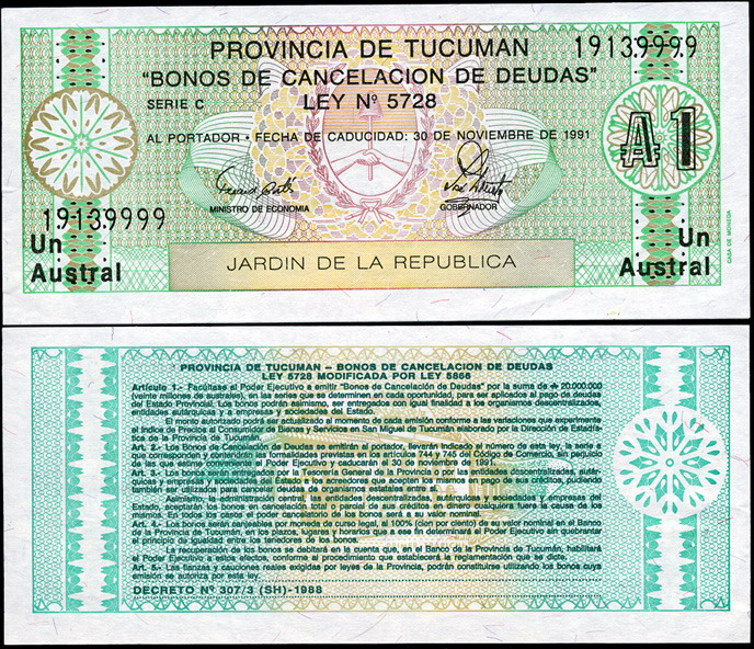 Аргентина (провинция Тукуман). 1 аустрал (Unc) 1991