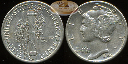 США. 10 центов (Дайм). 1940.D (aUnc. Серебро)