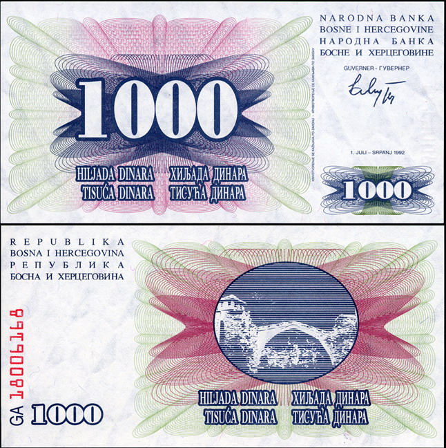 Босния и Герцеговина. 1000 динар (Unc) 1992