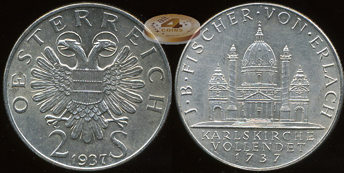 Австрия. 2 шиллинга. 1937 (Unc. Серебро)