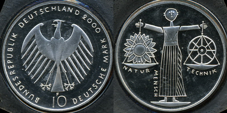 Германия (ФРГ). 10 марок. 2000 (F) (Proof. Серебро)