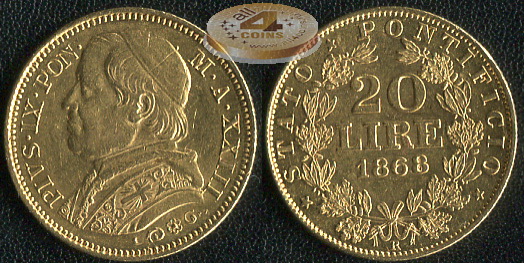 Ватикан. 20 лир. 1868 / AN: XXIII (XF. Золото)