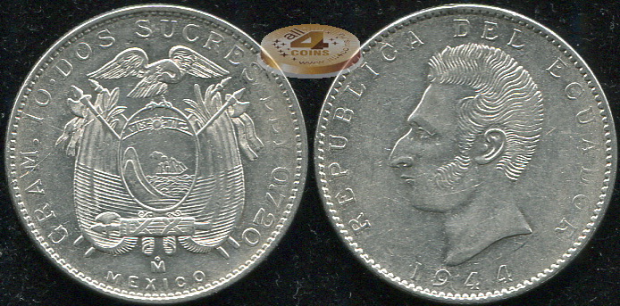 Эквадор. 2 сукра. 1944 (aUnc/XF. Серебро)
