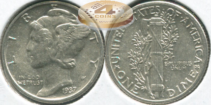 США. 10 центов [Дайм]. 1937 (aUnc. Серебро)