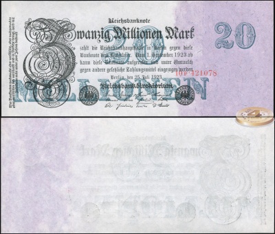 Германия [Веймарская респ.]. Банкнота 20000000 марок. 25.07.1923. Unc. Бумага. Кат.# Rb.96b