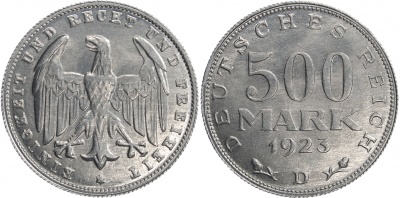 Германия [Веймарская республика]. Монета 500 марок. 1923.D (KM#36. Unc)
