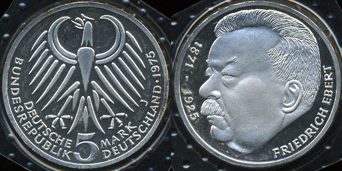 Германия (ФРГ). 5 марок. 1975 J (Proof) Серебро