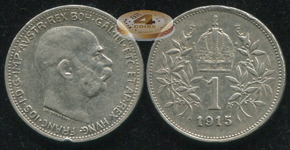 Австро-Венгрия [Австрия]. 1 крона. 1915 (XF/aUnc. Серебро)