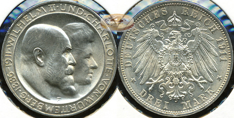 Германия (Вюртемберг). 3 марки. 1911 F (XF+. Серебро)
