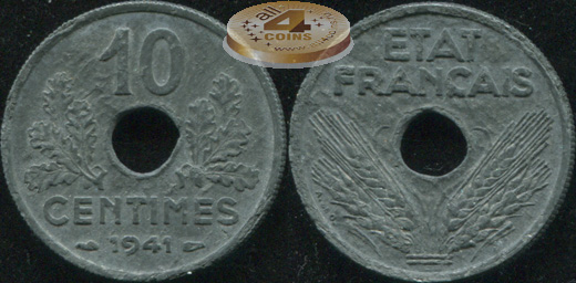 Франция. 10 центимов. 1941 (Unc)
