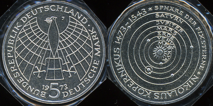 Германия (ФРГ). 5 марок. 1973 J (Proof) Серебро