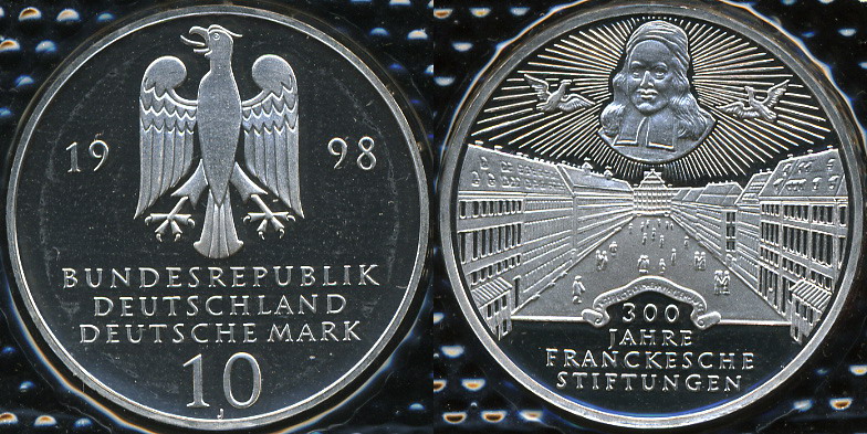 Германия (ФРГ). 10 марок. 1998 (J) (Proof. Серебро)