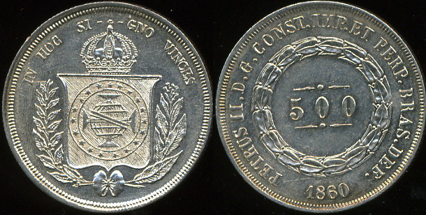 Бразилия. 500 рейс. 1860 (Unc. Серебро)