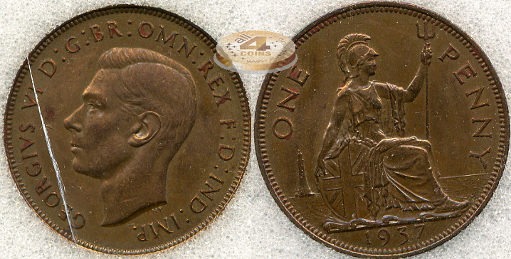 Великобритания. 1 пенни. 1937 (aUnc++ [AU-58]. Слаб)