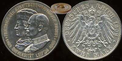 Германия (Саксония). 2 марки. 1909(E) (Unc. Серебро)