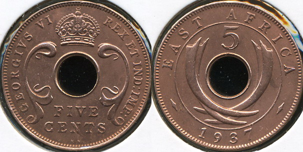 Британская Восточная Африка. 5 центов. 1937 (XF)