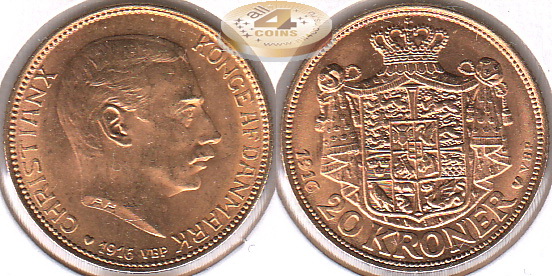 Дания. 20 крон. 1916 (Unc. Золото)