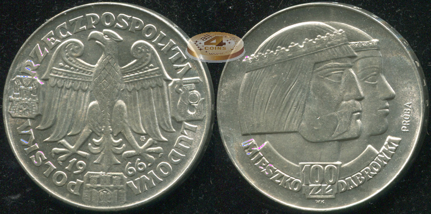 Польша. 100 злотых. 1966 (Unc. Проба. Серебро)