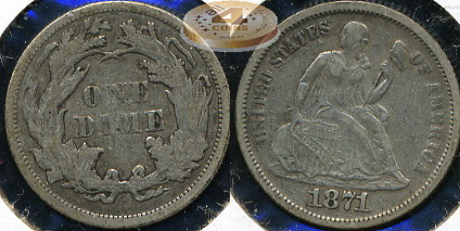 США. 10 центов (Дайм). 1871 (VF+. Серебро)