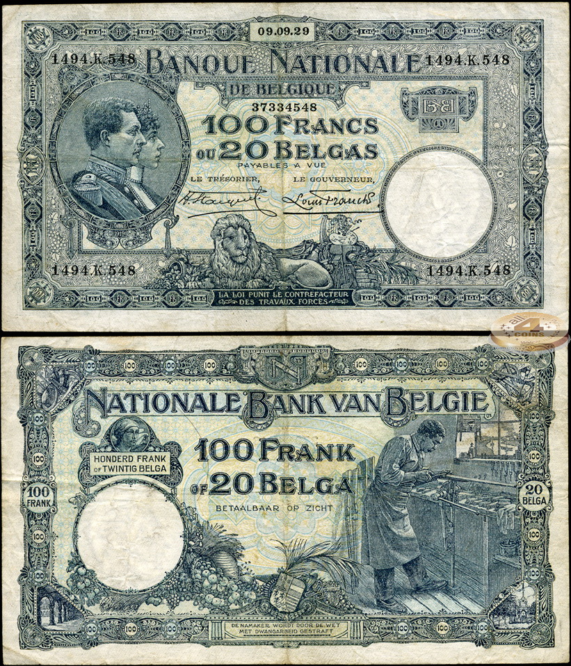 Бельгия. 100 франков/20 белгов (VF+) 1929