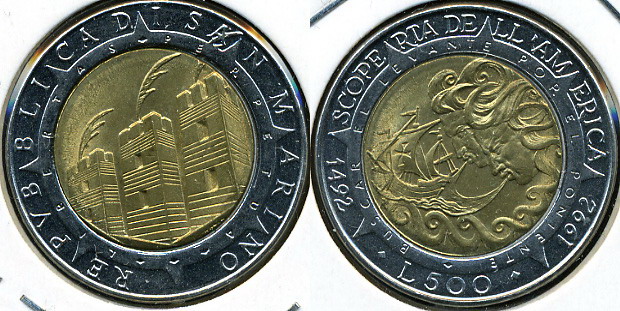 Сан-Марино. 500 лир. 1992 (Unc. Биметалл)