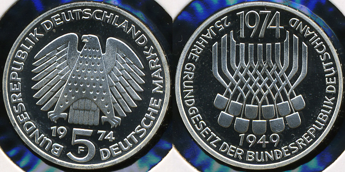 Германия (ФРГ). 5 марок. 1974 F (Proof) Серебро