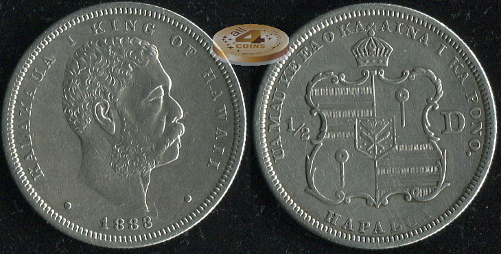 Гавайи (США). 1/2 доллара. 1883 (VF+. Серебро)