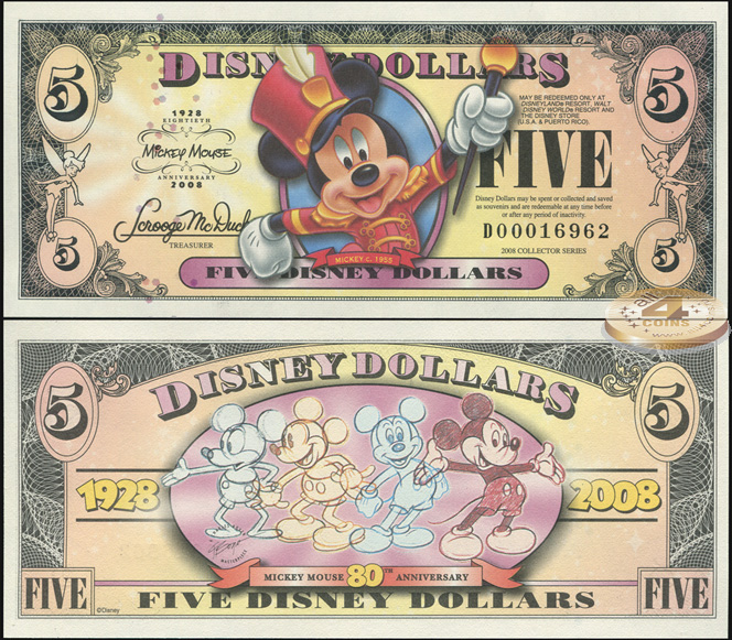 Disney Dollars. 5 долларов (Unc) 2008
