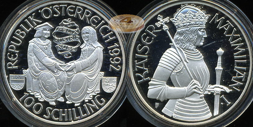 Австрия. 100 шиллингов. 1992 (Proof. Серебро)