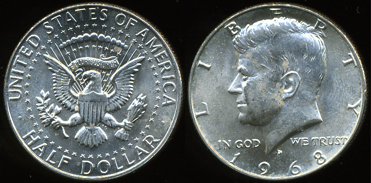 США. 1/2 доллара. 1968.D (aUnc. Серебро)