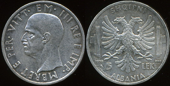 Албания. 5 лек. 1939R (XF+. Серебро)