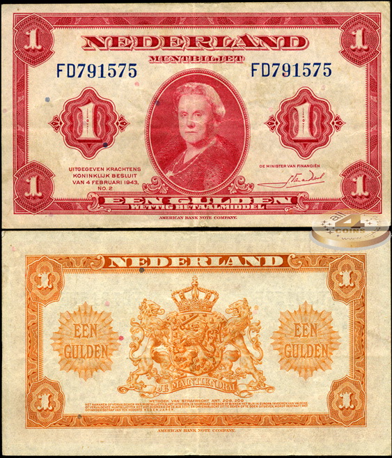 Нидерланды. 1 гульден (aXF) 1943