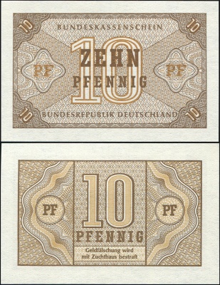 Германия [ФРГ] Банкнота 10 пфеннигов ND (1967) Unc Бумага Кат# Rb.315