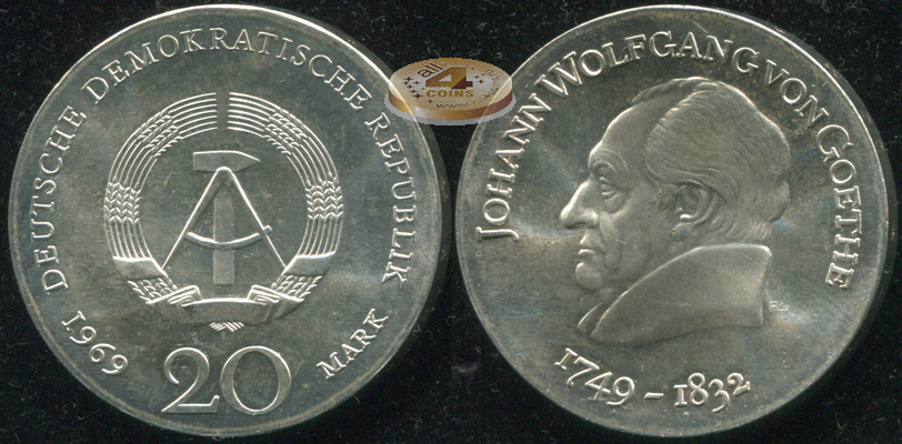 Германия [ГДР]. 20 марок. 1969.A (Unc. Серебро)