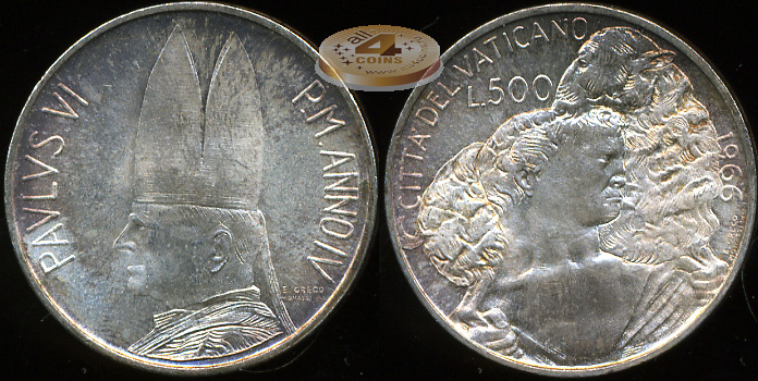 Ватикан. 500 лир. 1966 (Unc. Серебро)