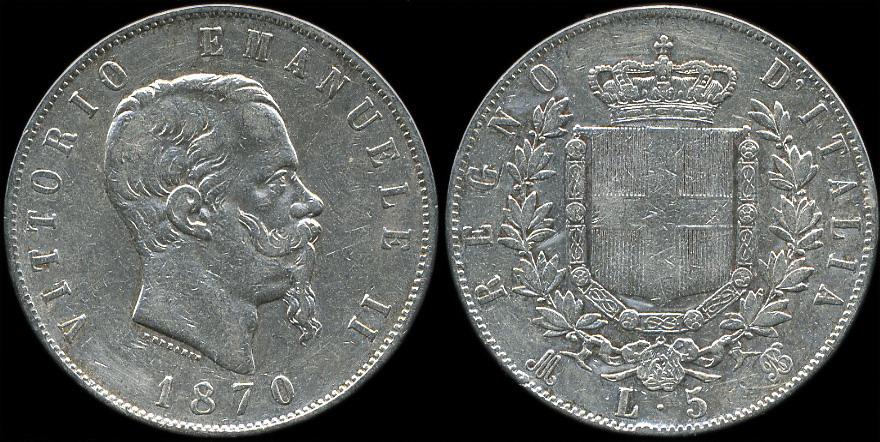 Италия. 5 лир. 1870 (VF+. Серебро)