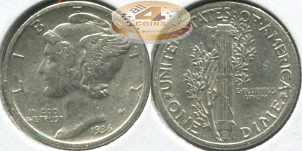 США. 10 центов [Дайм]. 1936 (XF. Серебро)