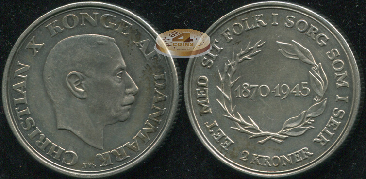 Дания. 2 кроны. 1945 (aUnc+. Серебро)