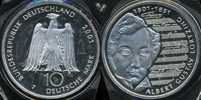 Германия (ФРГ). 10 марок. 2001 (J) (Proof. Серебро)