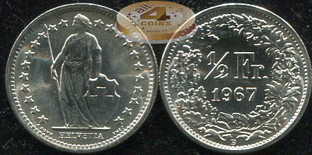 Швейцария. 1/2 франка. 1967 (Unc. Серебро)