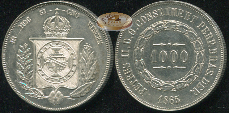 Бразилия. 1000 рейс. 1865 (aUnc++. Серебро)